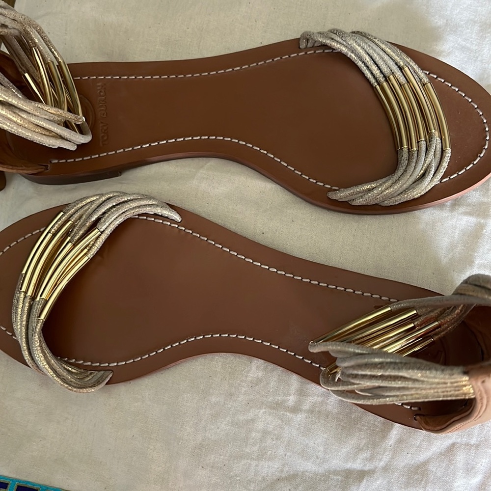Tory Burch gold, ankle wrap sandals!! EUC